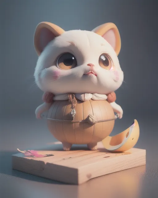 The image shows a cute cartoon cat. The cat is white with yellow ears and brown eyes. It is wearing a brown vest. The cat is standing on a wooden board. There is a half of yellow fruit (probably a lemon) next to the cat. The cat is looking up at something.