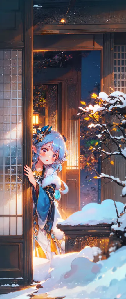 The image is a painting of a young girl standing in a doorway. She is wearing a blue and white dress with a white fur collar. The girl has long blue hair and blue eyes. She is smiling and looking at the viewer. The background of the painting is a snowy landscape with a tree in the foreground. The painting is done in a realistic style and the colors are vibrant and lifelike.