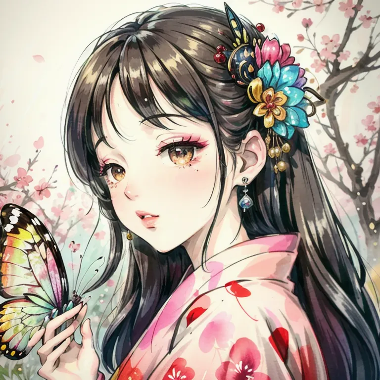 La imagen es una pintura de una mujer joven con un kimono. Tiene el cabello largo y oscuro y ojos marrones. Lleva un kimono rosa con un estampado floral y un pasador de mariposa en el cabello. Está sosteniendo una mariposa en la mano. El fondo es de un rosa pálido con algunas flores de cerezo. La pintura está en un estilo realista y los colores son vibrantes y realistas.