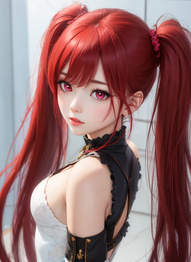 The image is a portrait of a young woman with long red hair and red eyes. She is wearing a white camisole and a black corset. Her hair is tied up in two pigtails and she is looking at the viewer with a serious expression. The background is a blurred light blue color.