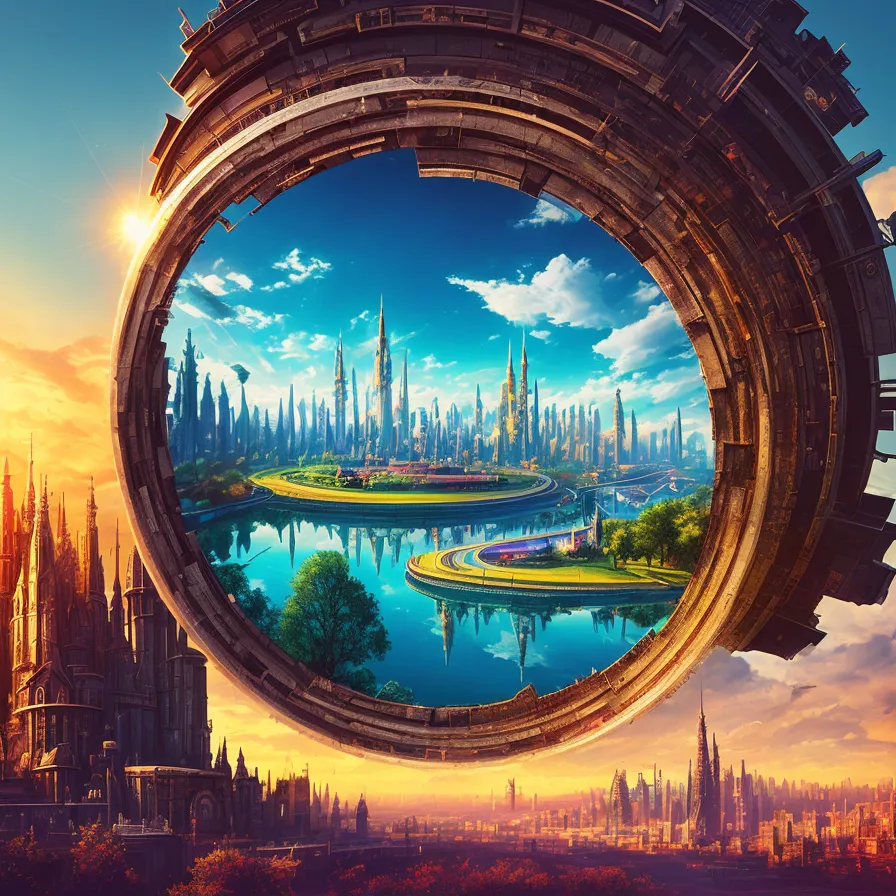 The image is a beautiful landscape of a futuristic city. The city is built on a series of canals and waterways, and is surrounded by a large wall. The buildings are tall and imposing, and the city is full of life and activity. In the center of the image is a large, circular portal. The portal is made of metal, and is covered in intricate carvings. The portal is open, and a city can be seen beyond it. The city is even more futuristic than the one in the foreground, and is full of tall buildings and flying cars. The image is full of detail, and the artist has clearly put a lot of thought into creating it.