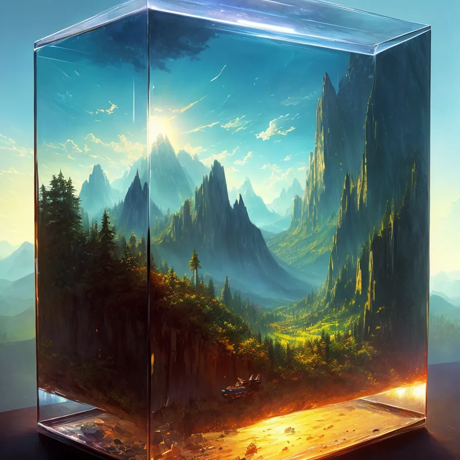 The image is a 3D rendering of a glass cube containing a realistic landscape. Inside the cube, there is a mountain range, a forest, and a river. The mountains are covered in snow. The image is very detailed and realistic.