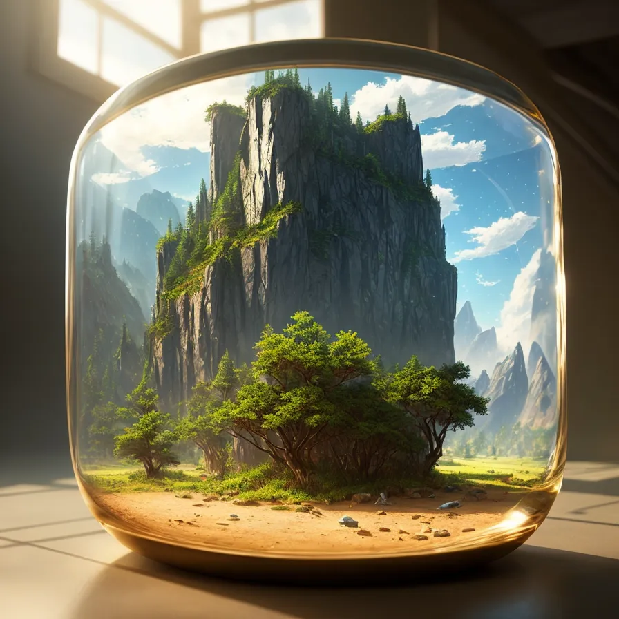 The image is a 3D rendering of a glass dome with a mountain landscape inside. The dome is sitting on a reflective surface. The mountain is very tall and has a lot of vegetation on it. The sky is blue and there are some clouds. The image is very realistic and the details are amazing.