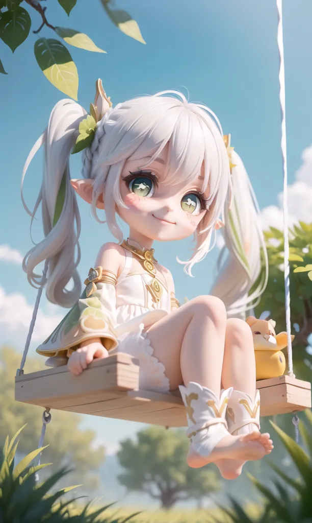 The image is of an anime-style girl with long white hair and green eyes. She is wearing a white dress with a green sash and has a yellow duck plushie. She is sitting on a wooden swing in a forest. The background is a bright blue sky with white clouds.