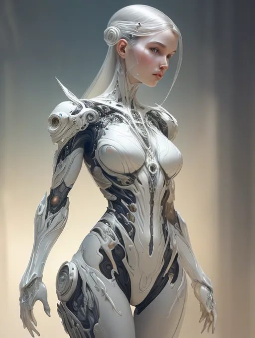 The image is a digital painting of a female character. She is standing with her left hand on her hip and her right hand hanging at her side. She has long white hair and pale skin. Her eyes are a light blue color, and her lips are slightly parted. She is wearing a white bodysuit that covers her entire body. The bodysuit is made of a material that looks like metal or ceramic. It has a ribbed design and several small holes. The bodysuit has a high collar and long sleeves. It also has a skirt that covers her thighs. The character is standing on a gray background. There is a light source on the right side of the image that is casting shadows on the character's body.