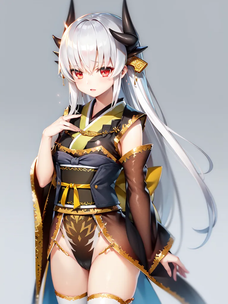 The image is of a young woman with long white hair and red eyes. She is wearing a black and gold kimono with a white obi. She has a pair of horns on her head and a long tail. She is standing in a seductive pose with one hand on her hip and the other holding a strand of her hair.