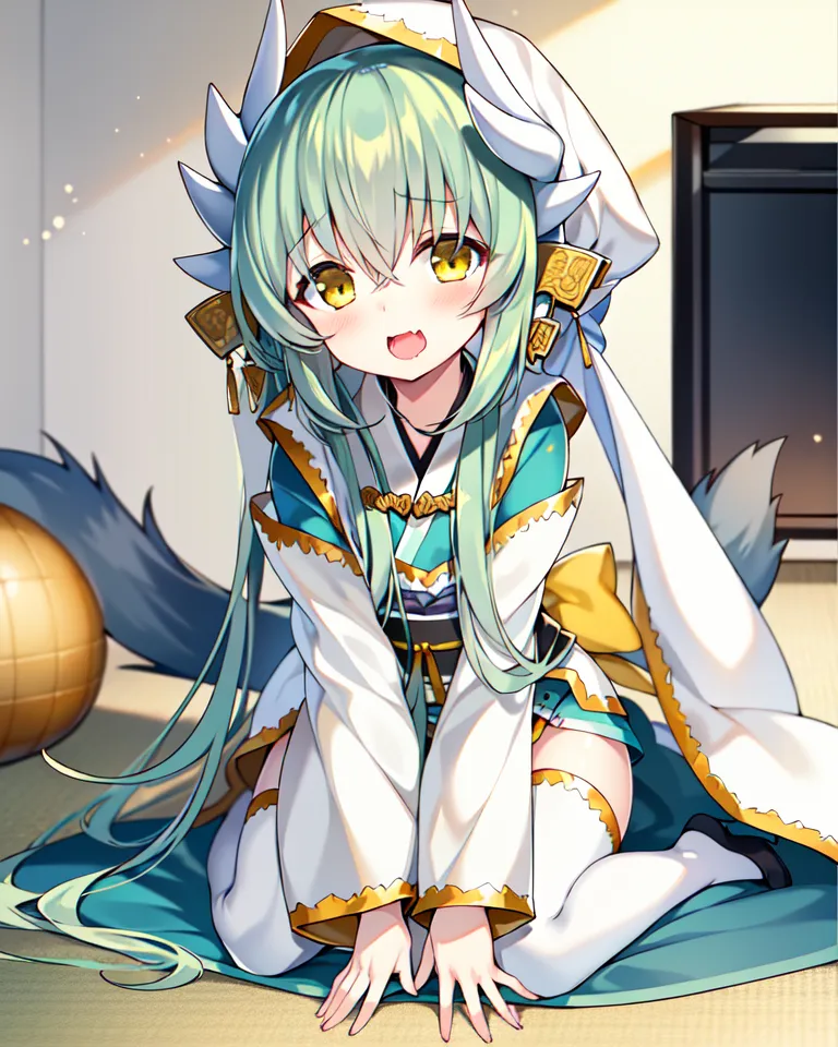 The image shows a young girl with long green hair and yellow eyes. She is wearing a white and green kimono with a yellow obi. She has a fox tail and ears. She is sitting on the floor with her hands on her knees. She has a happy expression on her face. There is a ball on the floor behind her.