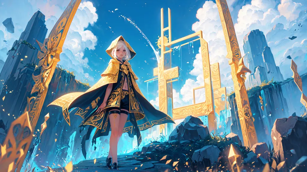 The image is of a girl with white hair and gold eyes. She is wearing a white and gold outfit and is standing in a golden archway. There are large rocks and mountains in the background and a blue sky with white clouds. The image is very detailed and looks like it is from an anime or video game.