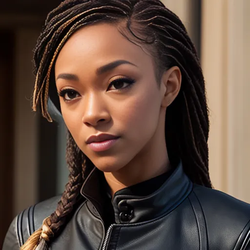 The image shows a young African-American woman with long braided hair. She is wearing a black leather jacket and has a serious expression on her face. She is looking at the camera with her head tilted slightly to the right. The background is blurred and there is a building in the distance.