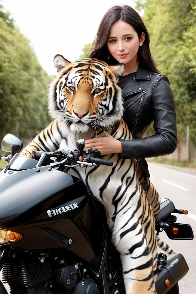 A young woman is sitting on a black motorcycle. She is wearing a black leather jacket and has long dark hair. She has her hand on the tiger's head. The tiger is sitting in front of her on the motorcycle. The background is a road with trees on either side.