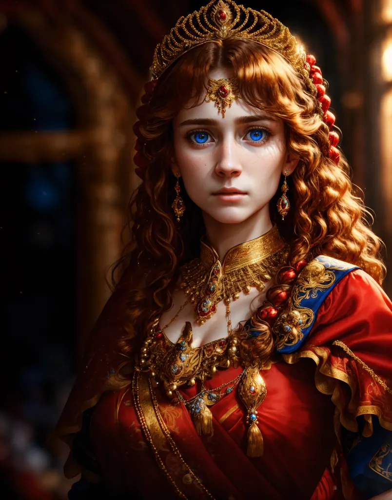 This is a portrait of a young woman, likely a queen or princess, with long red hair and blue eyes. She is wearing a red and gold dress with a white undersleeve. The dress is trimmed with gold and has a sweetheart neckline. She is also wearing a gold necklace and a gold crown. Her hair is styled with a center part and loose curls. She is standing in front of a dark background, likely a wall or curtain.