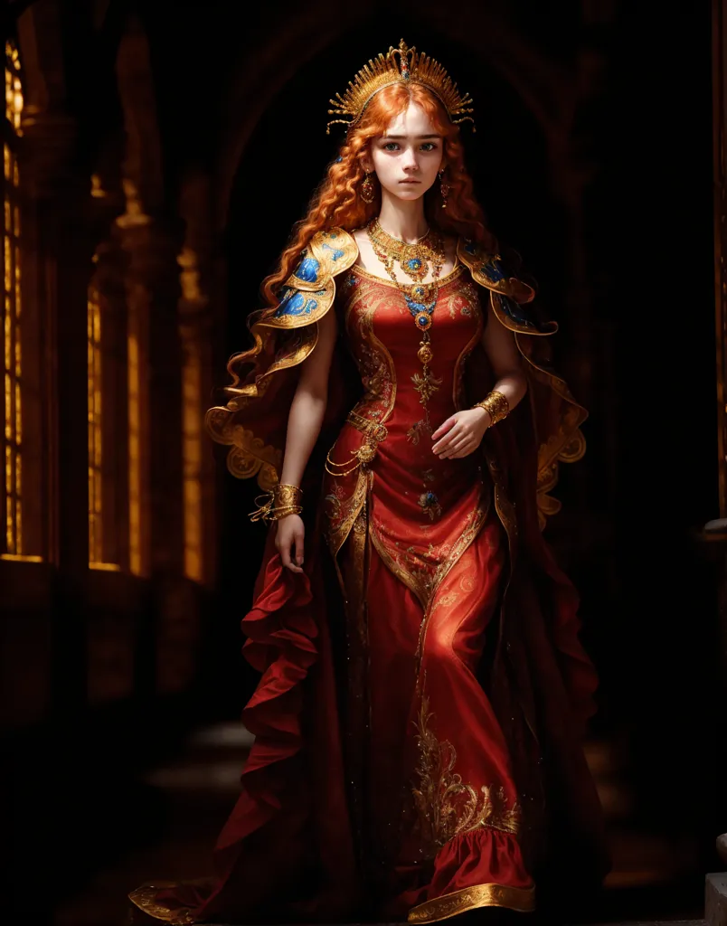 This is an image of a woman wearing a red and gold dress with a gold crown on her head. She is standing in a dark room with a column on the left and a wall with a painting on the right. The woman has long red hair and blue eyes. She is wearing a necklace and earrings. The dress has a long train and is trimmed with fur. The woman is standing with her left hand on her hip and her right hand extended. She has a serious expression on her face.