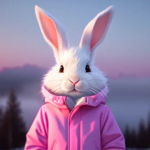 The image shows a white rabbit wearing a pink winter coat. The rabbit is standing in a snowy forest and looking at the camera. The background is a blurred image of a forest with snow-covered trees. The rabbit is wearing a pink winter coat with a hood. The coat has a white zipper and two white buttons. The rabbit's ears are sticking out of the hood. The rabbit has big brown eyes and a pink nose. Its mouth is closed. The rabbit is standing on the snow. There are some trees in the background. The sky is light pink. The image is very cute and realistic.