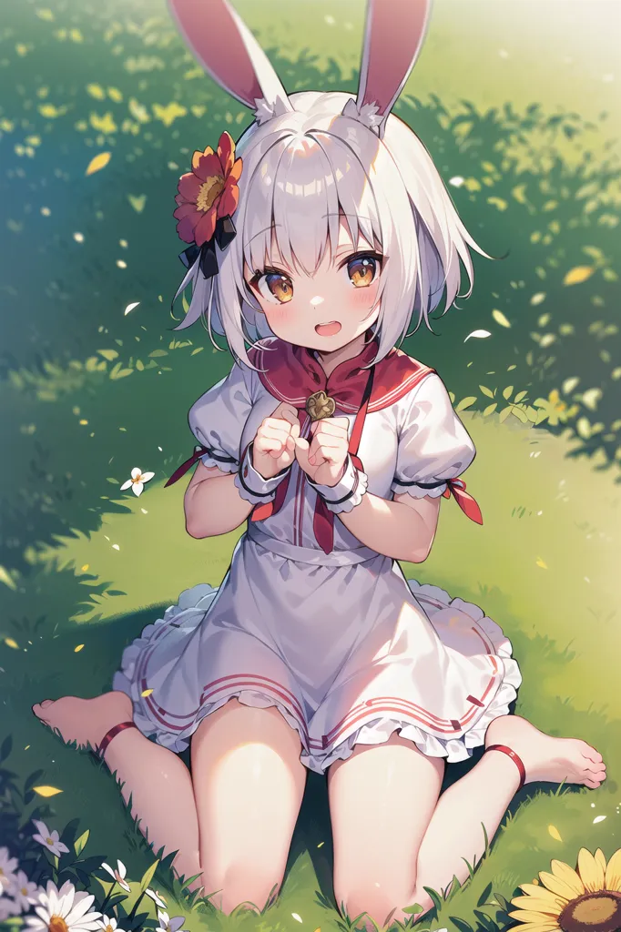 The image is of a young girl with white hair and rabbit ears. She is wearing a white and red dress with a red ribbon in her hair. She is sitting on the grass with her hands together in her lap. She is looking at the viewer with a happy expression on her face. There are flowers in the foreground and background of the image. The image is drawn in an anime style.