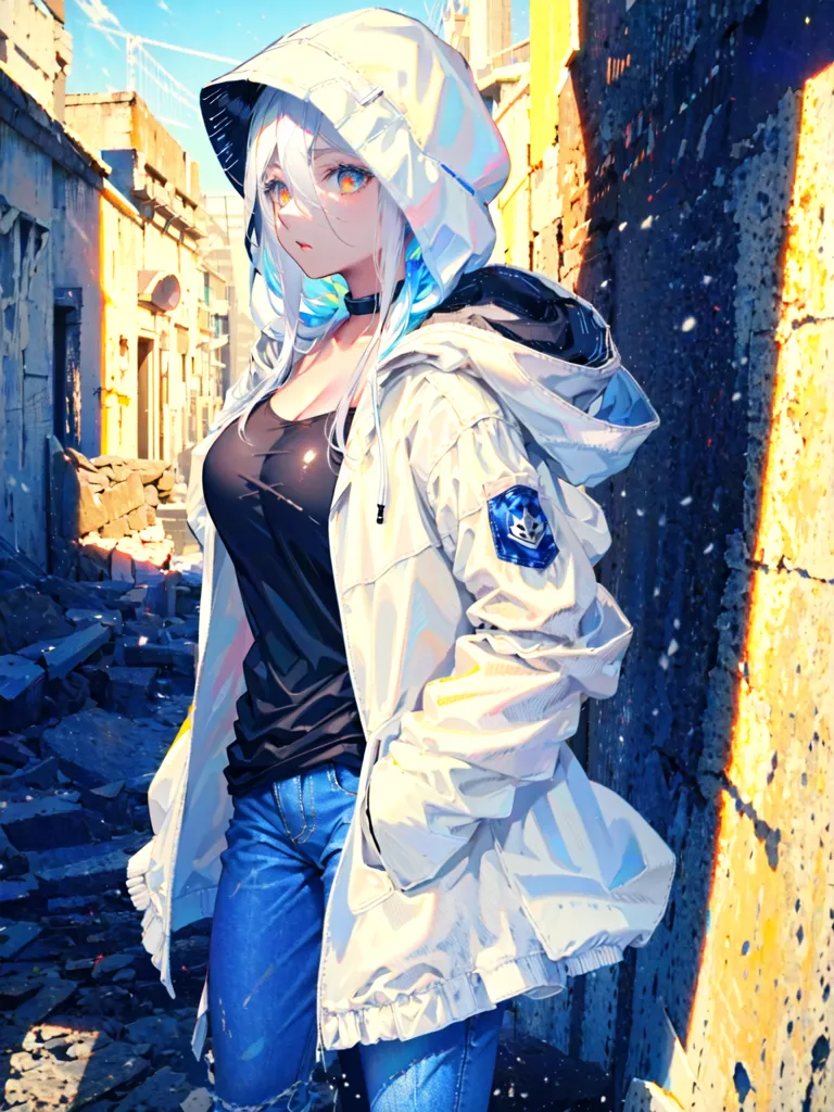 The image is a painting of a young woman standing in a ruined city. She is wearing a white hoodie, a black shirt, and blue jeans. The woman has long white hair and blue eyes. She is looking at the viewer with a serious expression. The city is in ruins, with rubble and debris everywhere. The sky is blue, and the sun is shining.