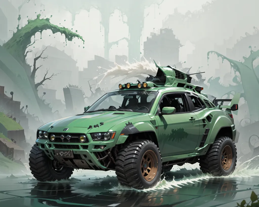 The image shows a green car driving through a flooded city. The car is a four-door SUV with a large roof rack and a number of off-road accessories. It is driving through a flooded street, with water up to the level of the headlights. The city is in ruins, with buildings and trees destroyed. The image is post-apocalyptic and shows a world that has been ravaged by some kind of disaster.