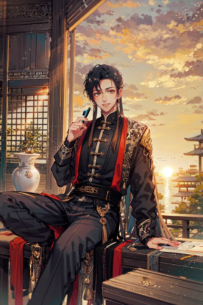 The image shows a handsome young man in traditional Chinese clothing. He is sitting on a bench in a pavilion, looking out at the sunset. He has long black hair and dark eyes, and he is wearing a black and red robe with gold trim. The robe is open at the chest, showing a white undershirt. He is also wearing a wide belt with a large buckle, and his feet are bare. The pavilion is decorated with red and gold, and there is a vase with a plant in it on the floor. The background of the image is a sunset over a lake, with mountains in the distance. The sky is a gradient of orange, yellow, pink, and blue, and the water is a deep blue. The image is very detailed, and the artist has used a variety of techniques to create a realistic and atmospheric scene.