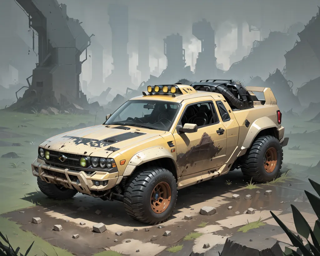 The image shows a post-apocalyptic truck. It is a yellow-brown color and has a lot of dirt and debris on it. It has a large bumper on the front with two yellow lights and a light bar on the roof. The truck also has large tires and a roof rack. The background of the image is a destroyed city. There are large buildings and structures in the background that are all in ruins. The sky is dark and cloudy.