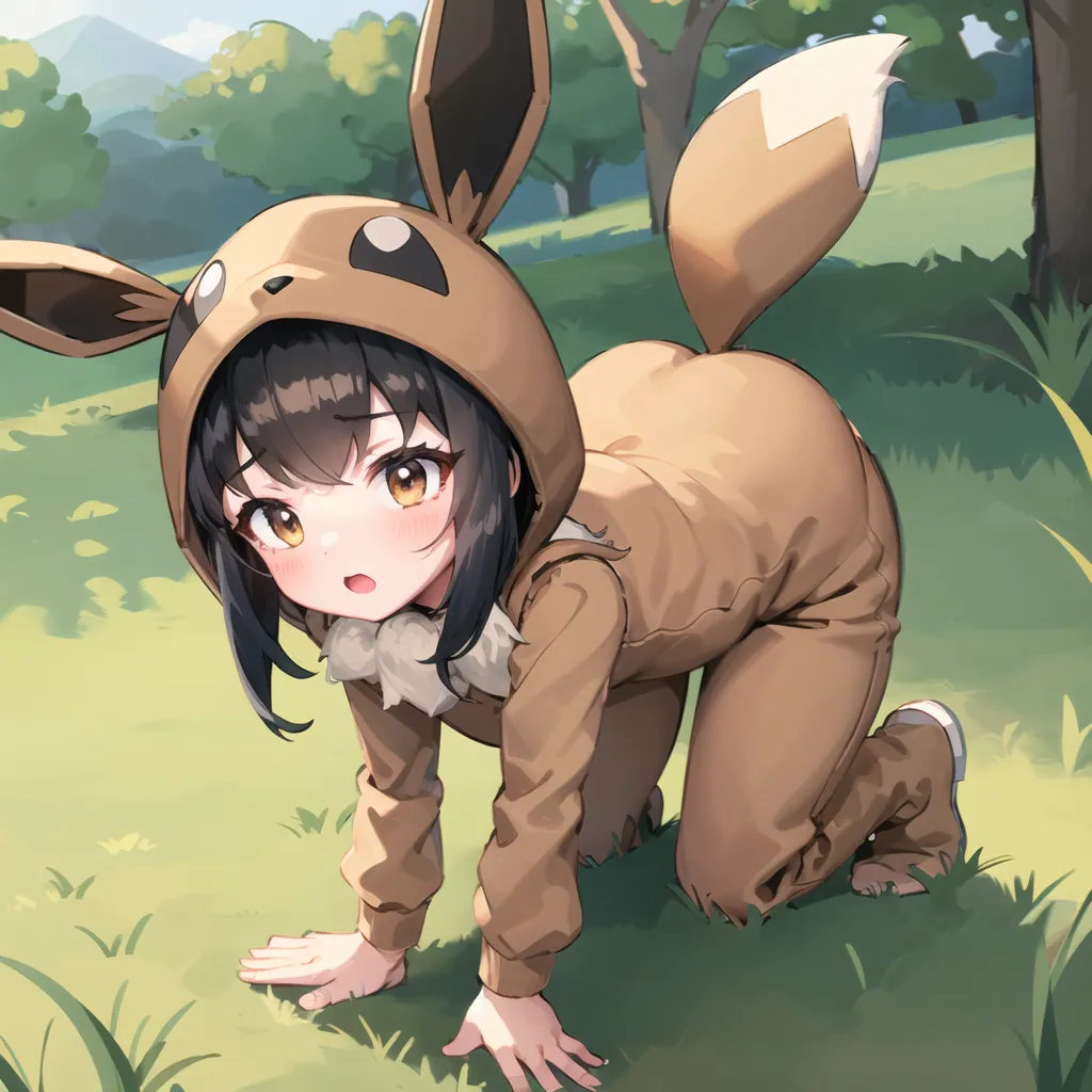 The image is of a young girl with brown hair and brown eyes. She is wearing a brown and cream colored Eevee onesie. The onesie has a hood with Eevee's ears. The girl is crawling on all fours in a grassy field. There are trees in the background. The girl has a surprised expression on her face.