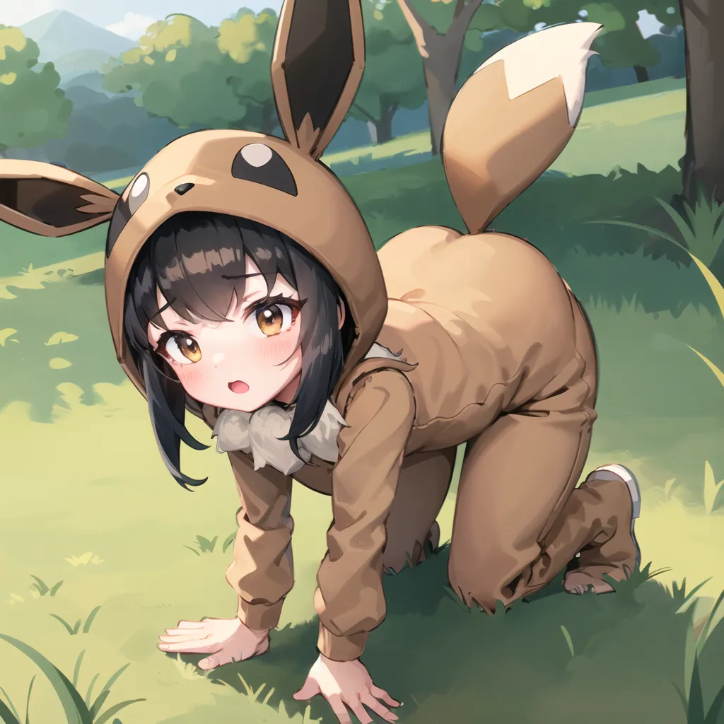 La imagen es de una niña joven con cabello castaño y ojos marrones. Ella está usando un pijama de una sola pieza de Eevee de color marrón y crema. El pijama tiene una capucha con las orejas de Eevee. La niña está gateando a cuatro patas en un campo de hierba. Hay árboles en el fondo. La niña tiene una expresión sorprendida en su rostro.