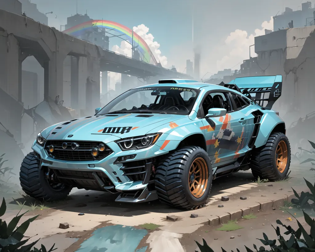 The image shows a post-apocalyptic city. There are ruined buildings and a rainbow in the sky. In the foreground, there is a blue and white car. The car is a mix between a sports car and an off-road vehicle. It has large wheels and a roof rack. The car is also covered in mud and dirt.