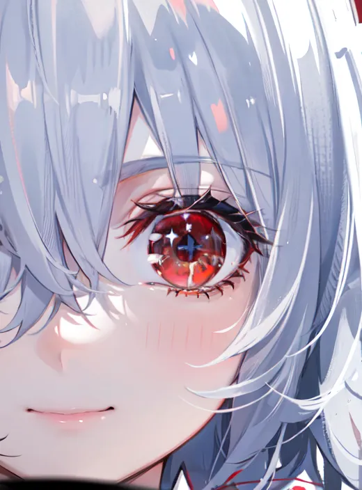 The image is a close-up of a young girl's face. She has pale skin, silver hair, and red eyes. She is smiling slightly, and her eyes are sparkling. She is wearing a white dress with a red ribbon in her hair. The background is a soft, light pink color.