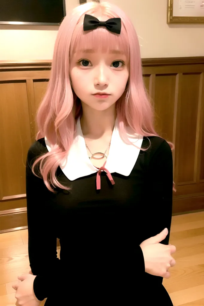 The image shows a young woman with pink hair and brown eyes. She is wearing a black dress with a white collar and a pink bow in her hair. She is also wearing a necklace with a circular pendant. The woman is standing in a room with wood-paneled walls and a wooden floor. There is a painting on the wall behind her. The woman is looking at the camera with a slightly puzzled expression.