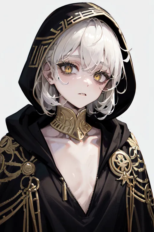 This is an image of a person with short white hair and yellow eyes. They are wearing a black and gold robe with a hood. The robe is decorated with gold trim and has a large collar. The person's expression is serious.