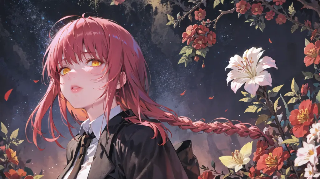 This image shows a young woman with long red hair and yellow eyes. She is wearing a white shirt and black jacket. She is standing in front of a dark blue background with a starry night sky and a large white flower. There are also other flowers in the background. The woman has a soft expression on her face and is looking to the right of the frame.