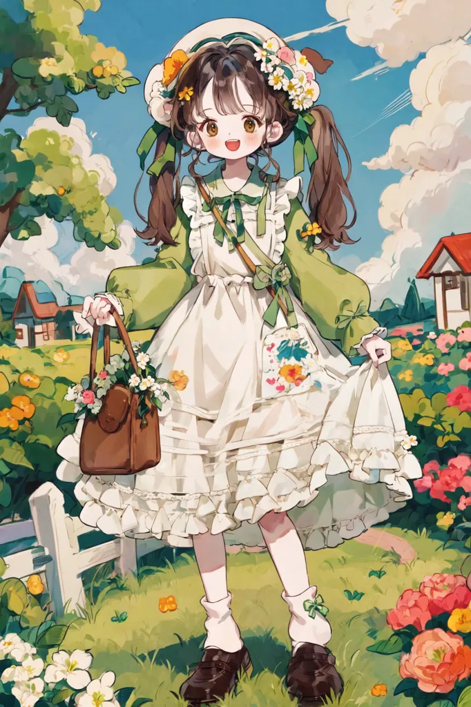 The image shows a girl with brown hair and brown eyes wearing a white dress with a green pinafore. She has a straw hat on her head and is carrying a basket of flowers. She is standing in a field of flowers with a cottage in the background. The sky is blue and there are clouds in the sky. The image is drawn in an anime style.