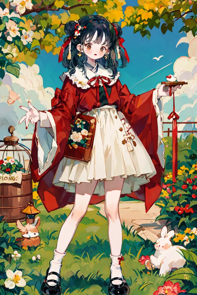 The image is a painting of a girl in a red kimono standing in a garden. The girl has long black hair and brown eyes. She is wearing a red kimono with a white obi and a white underskirt. The kimono is decorated with floral patterns. The girl is holding a plate with a red ribbon in her right hand. There are two rabbits and a bird in the garden. The background is a blue sky with white clouds. The painting is done in a realistic style and the colors are vibrant and bright.