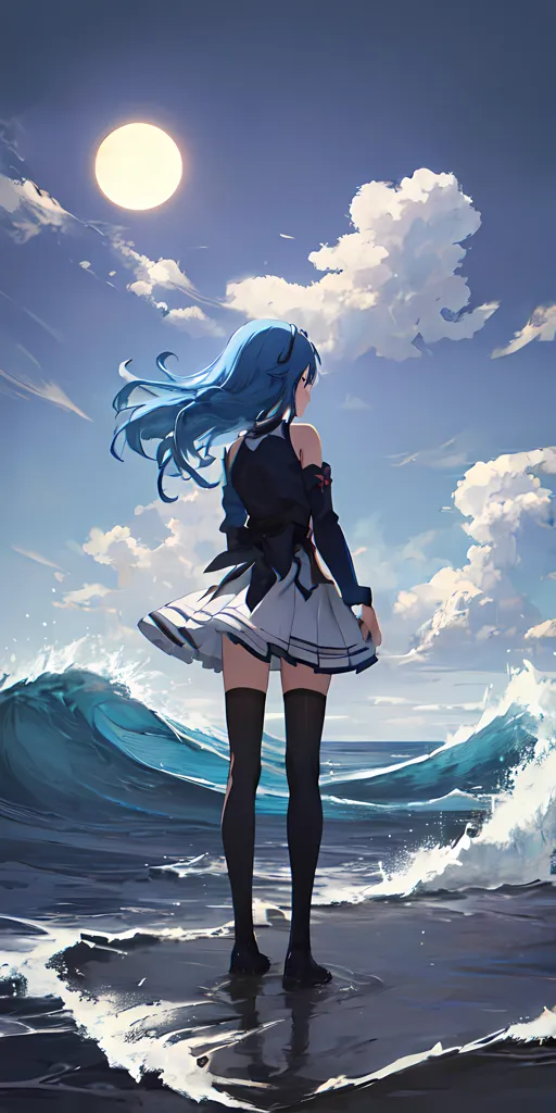 これは、海を見つめる浜辺に立つ少女の画像です。空は青く、雲が浮かんでいます。太陽が輝いています。少女は白いドレスと黒いストッキングを着ており、長い青い髪が風に揺れています。波が岸に打ち寄せ、少女は浅瀬に立っています。裸足で、足は濡れています。少女は海を見つめ、深く考えているようです。