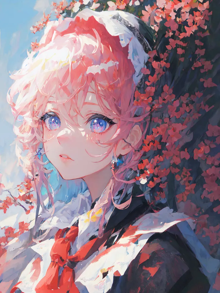 La imagen es una pintura de una niña joven con el cabello rosa y ojos azules. Ella está usando un vestido blanco con una cinta roja. La niña está de pie en un campo de flores rojas. Hay un árbol grande con flores rosas en el fondo. El cielo es azul y hay algunas nubes blancas en el fondo. La pintura está hecha en un estilo realista y los colores son vibrantes y brillantes.