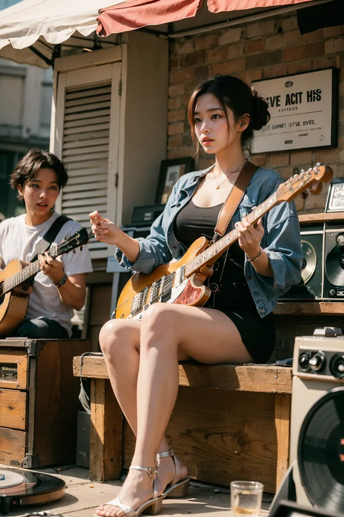 The image shows a young woman and a young man playing guitars. The woman is sitting on a bench and the man is standing to her left. The woman is wearing a black tank top, a blue jean jacket, and black shorts. She is also wearing silver heeled sandals and has her long dark hair in a ponytail. She is playing an electric guitar. The man is wearing a white t-shirt and jeans. He is playing an acoustic guitar. There is a speaker and a record player on the ground next to the man. There is also a glass on the ground in front of the woman. They are playing music in front of a brick building with large wooden shutters.