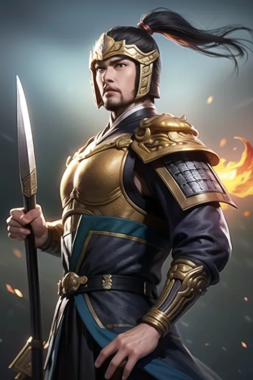 The image shows a young man in ancient Chinese armor. He has a helmet on his head, a spear in his hand, and is wearing a blue and gold breastplate. The background is a fiery orange color.