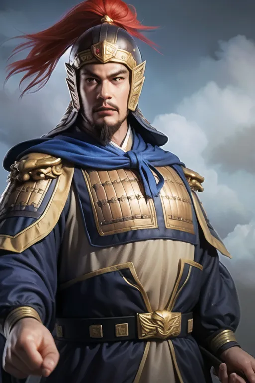 The image shows a man in ancient Chinese armor. He is wearing a blue and gold helmet with a red plume. His armor is also blue and gold, and he is wearing a blue cape. He has a sword in his right hand. He is standing in a confident pose, and his expression is determined. The background is a stormy sky.