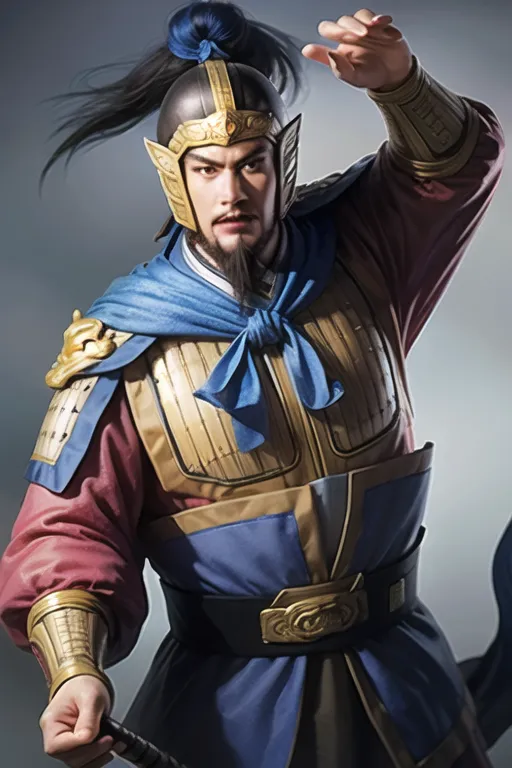 A imagem mostra um homem com armadura antiga chinesa. Ele está usando um capacete azul e dourado com uma pluma vermelha, e uma couraça vermelha e dourada. Ele também está usando uma capa azul e uma saia vermelha. Ele tem uma espada na mão direita e está segurando a mão esquerda na frente dele. Ele tem uma expressão severa no rosto.