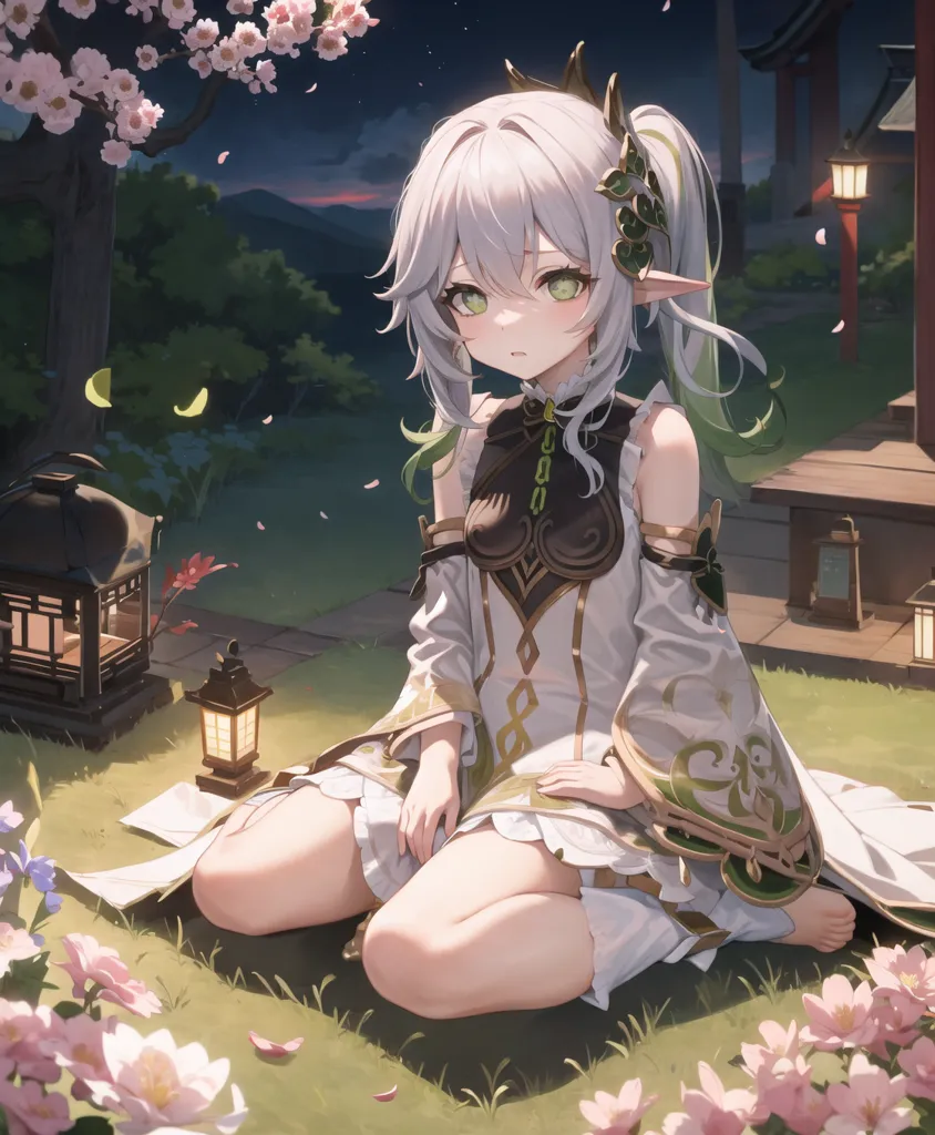 The image is of a young girl with white hair and green eyes. She is wearing a white dress with a green sash and has a green bow in her hair. She is sitting on the ground in a field of pink flowers. There is a lantern on the ground next to her and a tree with pink blossoms behind her. The background is a blur of green and blue, suggesting that she is in a forest. The girl has a sad expression on her face.