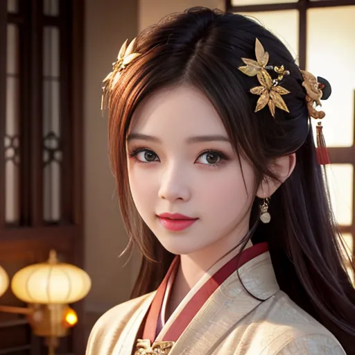 The image shows a young woman with long dark hair and brown eyes. She is wearing a traditional Chinese dress with a white top and red skirt. The dress is trimmed with gold and has a long flowing sash. The woman's hair is styled in an elaborate updo with gold hairpins and a long braid. She is also wearing traditional Chinese makeup, with red lipstick and eyeshadow. The woman is standing in a room with a red wall and a Chinese lantern.