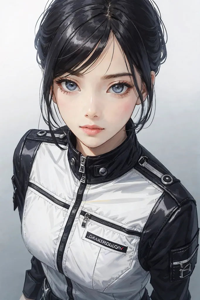 The image is a digital painting of a young woman with long black hair and blue eyes. She is wearing a white and black jacket with a zipper in the front. The jacket has a patch on the left sleeve that says \