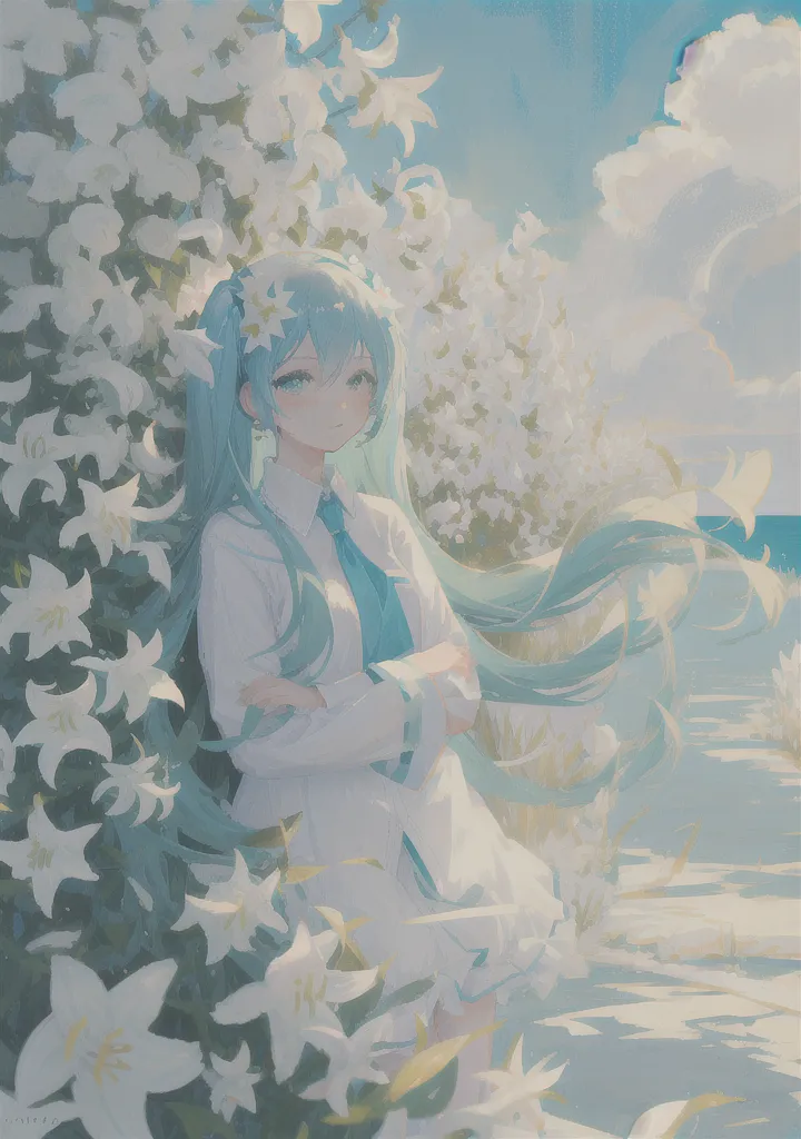 The image is a painting of a young woman with long, flowing green hair. She is wearing a white dress and has a blue ribbon tied around her neck. She is standing in a field of white flowers, with a large tree with pink flowers behind her. The sky is blue and there are white clouds in the distance. The painting is done in a realistic style and the colors are vibrant and lifelike. The woman's expression is one of peace and serenity.