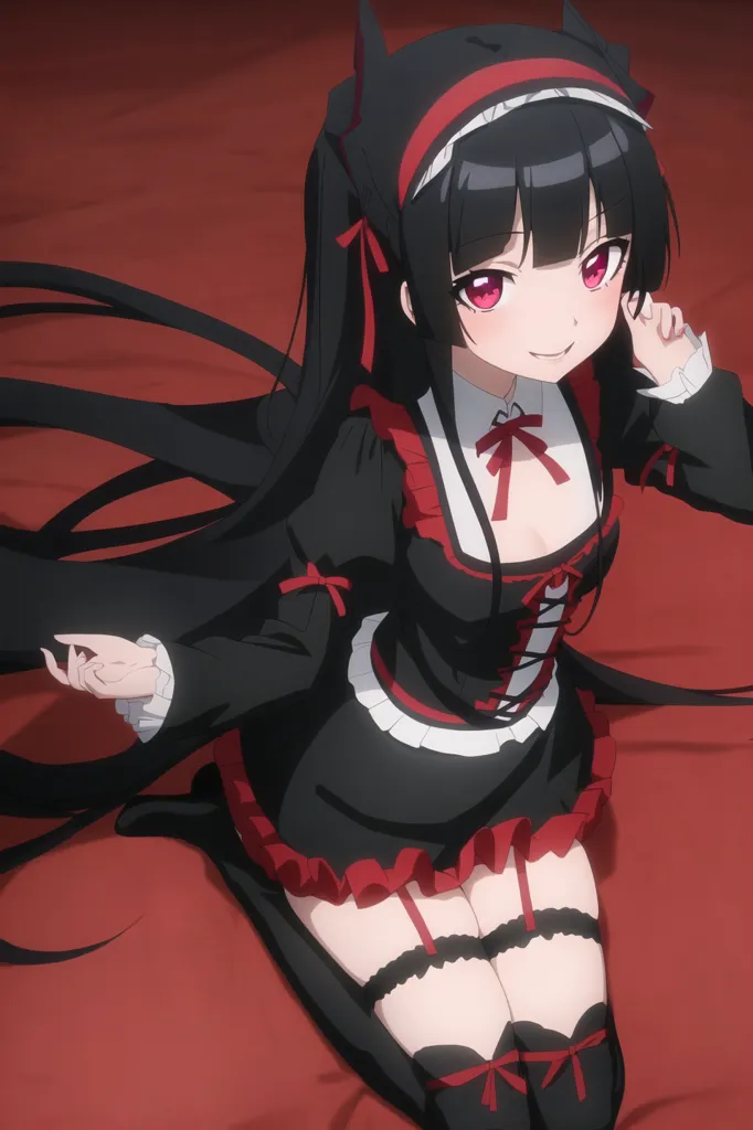 L'image montre une jeune fille aux longs cheveux noirs et aux yeux rouges. Elle porte une robe de style gothic lolita noire et rouge avec un tablier blanc. Elle est assise sur un lit rouge, les jambes croisées, avec une expression malicieuse sur le visage.