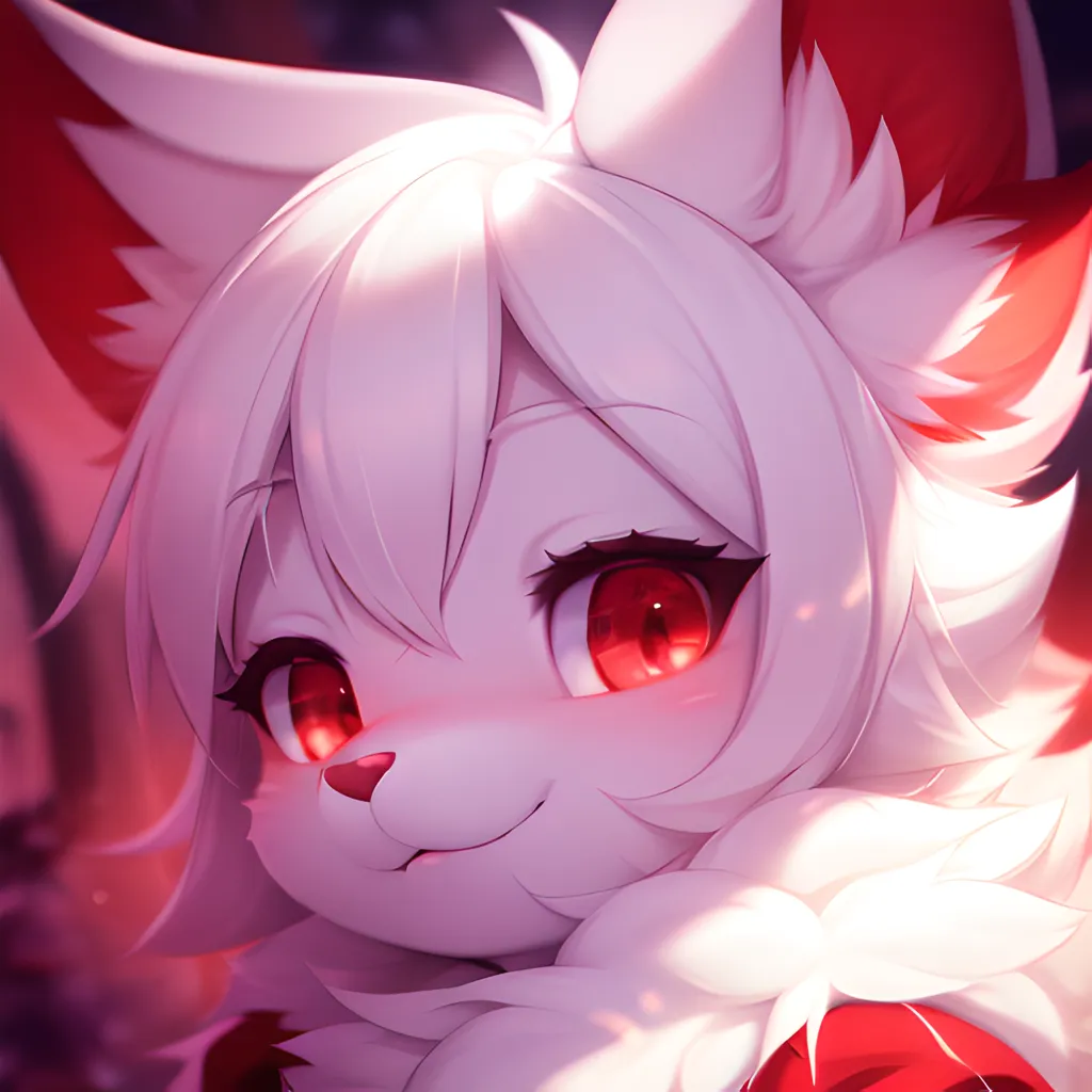 The image is a headshot of a furry character. The character has white and red fur, with the fur around its eyes being white and the fur on its ears and tail being red. The character has large red eyes and a small, upturned nose. It is smiling and has a gentle expression on its face. The background is a blur of red and pink.
