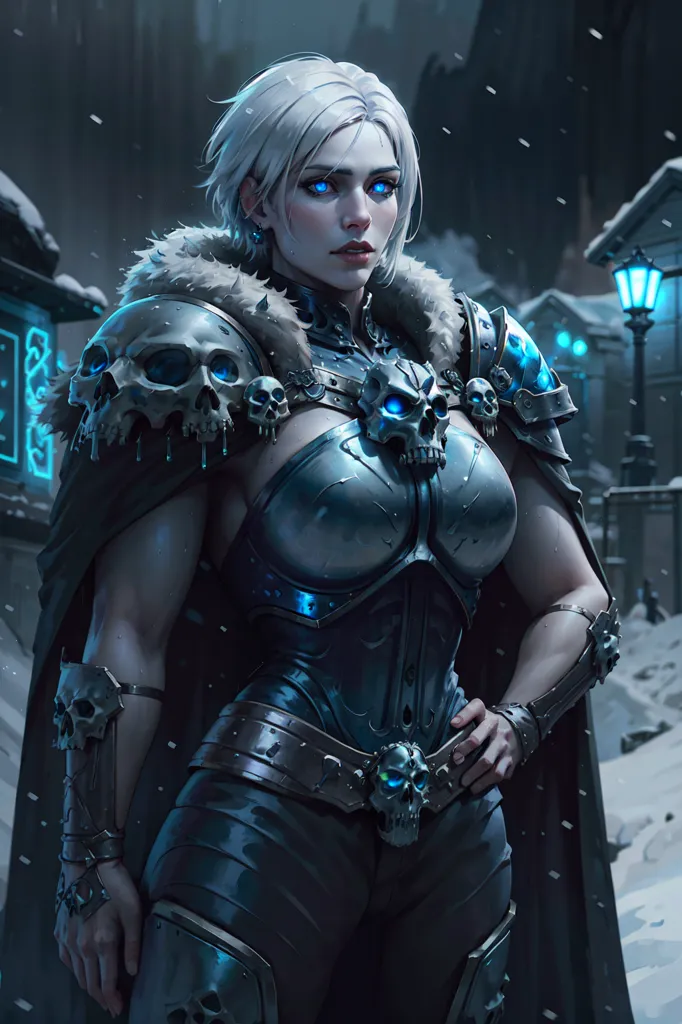 The picture shows a female warrior with white hair and blue eyes. She is wearing a dark blue and gray armor with skulls on the shoulder pads. She has a fur cloak and a sword on her hip. She is standing in a snowy landscape with a town in the background