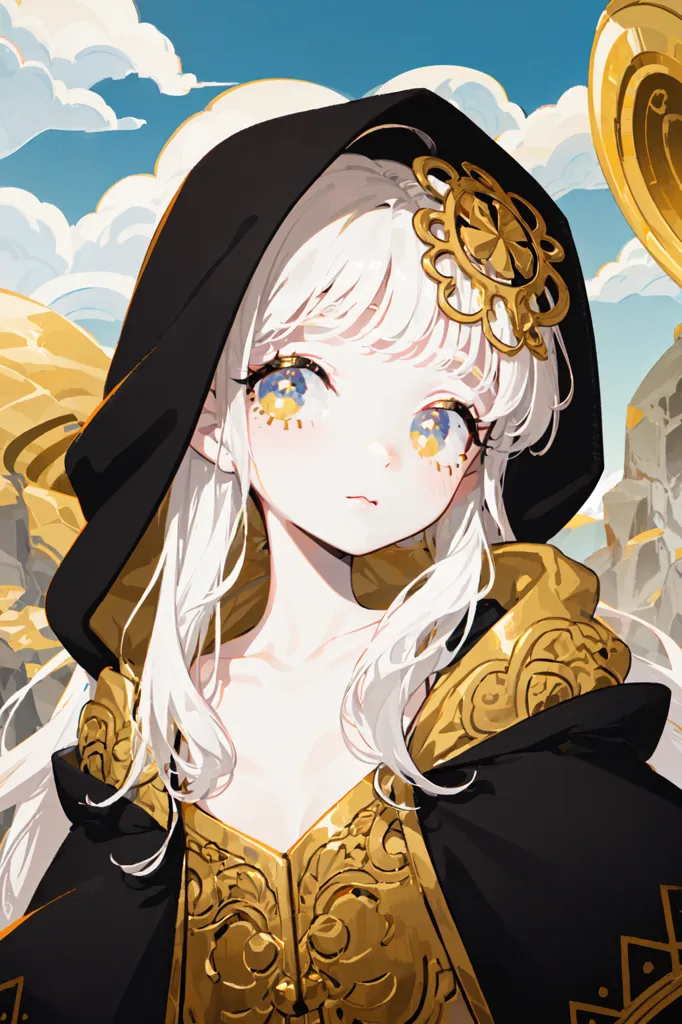 The image is of a young woman with long white hair and golden eyes. She is wearing a black and gold-trimmed white dress with a gold necklace and a black cape with a gold clasp. She is standing in front of a stone structure with a large golden coin in the background. The sky is blue and cloudy.