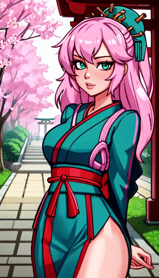 The image is a colorful illustration of a young woman, likely in her early 20s, dressed in a traditional Japanese kimono. The woman has long pink hair and green eyes, and is standing in a garden with a pink tree in the background. She is wearing a green kimono with a red obi sash, and has a pink ribbon in her hair. The woman has a confident expression on her face, and is looking at the viewer with a slight smile.