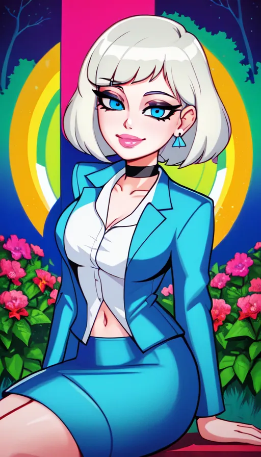 This is an image of a woman with short white hair and blue eyes. She is wearing a blue suit jacket and a white blouse. She is sitting in a garden with pink flowers. The background is a blue and pink gradient with a yellow circle in the center.