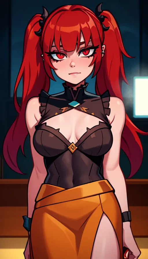 The image is a portrait of a young woman with red hair and eyes. She is wearing a black and orange dress with a high collar and a slit on one side. She has a confident expression on her face and is looking at the viewer with her head tilted slightly to one side. She has devil horns and a tail.