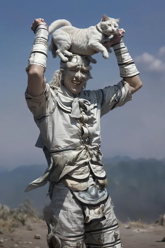 This image shows a person wearing a white and gray outfit, with their face and arms painted white, holding a white cat on their head. They are standing in a rocky, mountainous area with a bright blue sky and white clouds behind them. The person is smiling and appears to be happy.