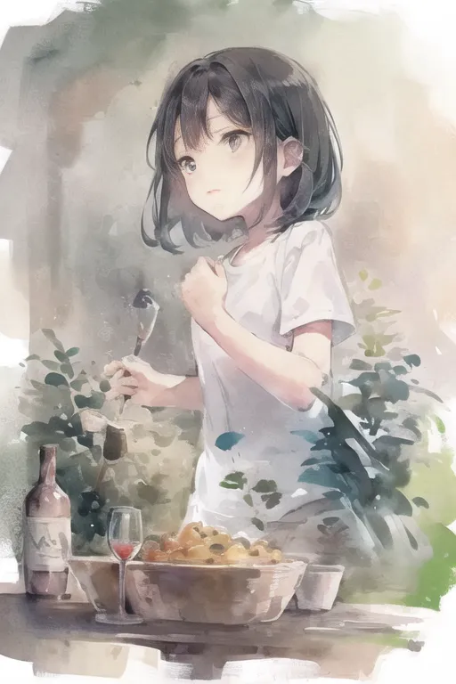 The image is of a girl with short black hair and brown eyes. She is wearing a white shirt and is standing in a garden. There is a table in front of her with a bowl of food, a bottle of wine, and a glass of wine on it. The girl is holding a fork and is looking at the food. There are plants and leaves in the background. The image has a soft, painterly look.